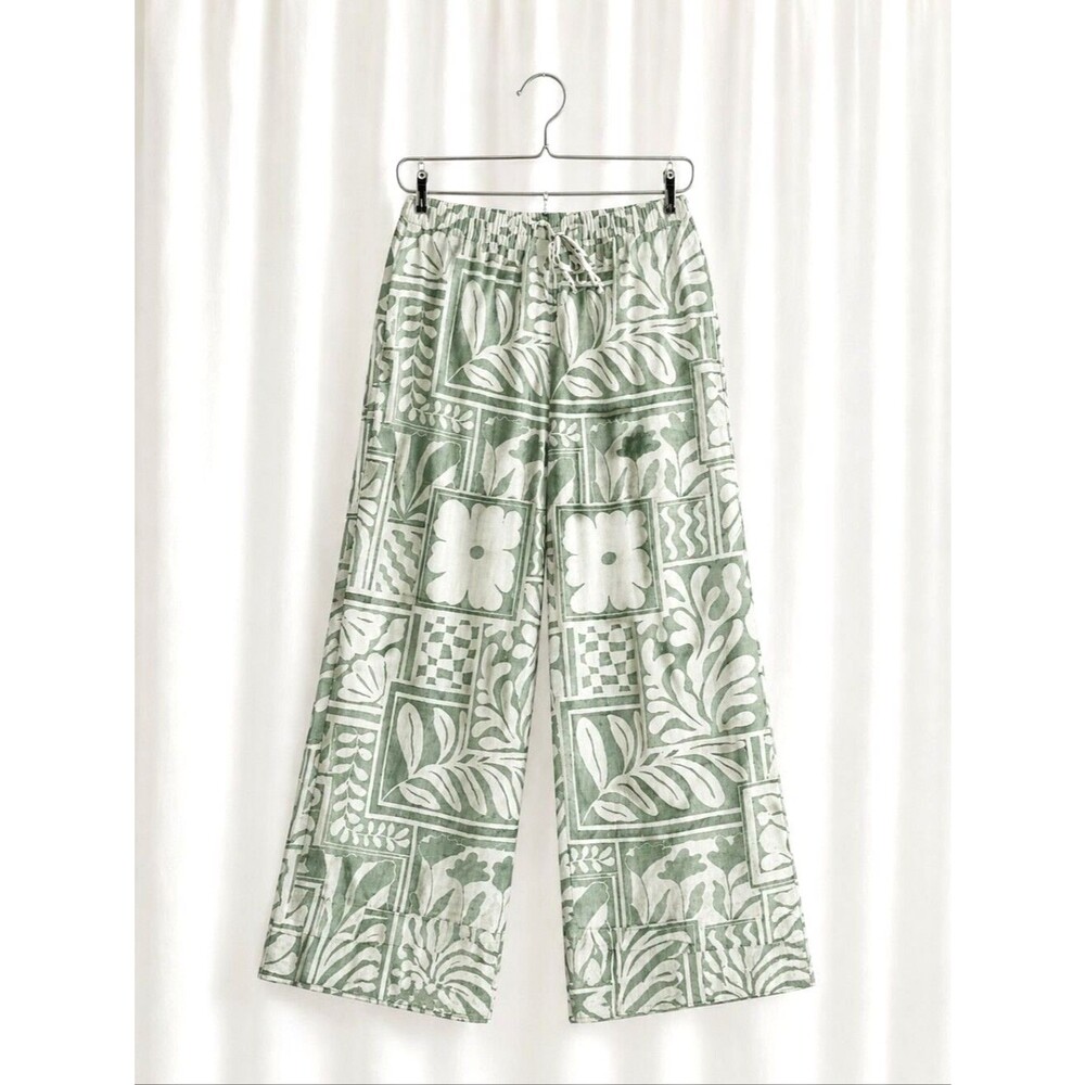 Paper Heart Green Off White Linen Blend Tropical Print Boho Chic Wide Leg Pants